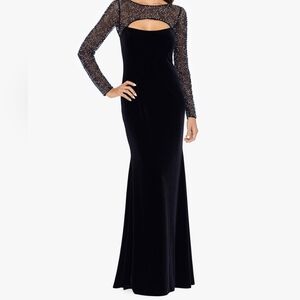 Betsy & Adam Long Sleeve Velvet Beaded Illusion Top Gown Size 6 NWT